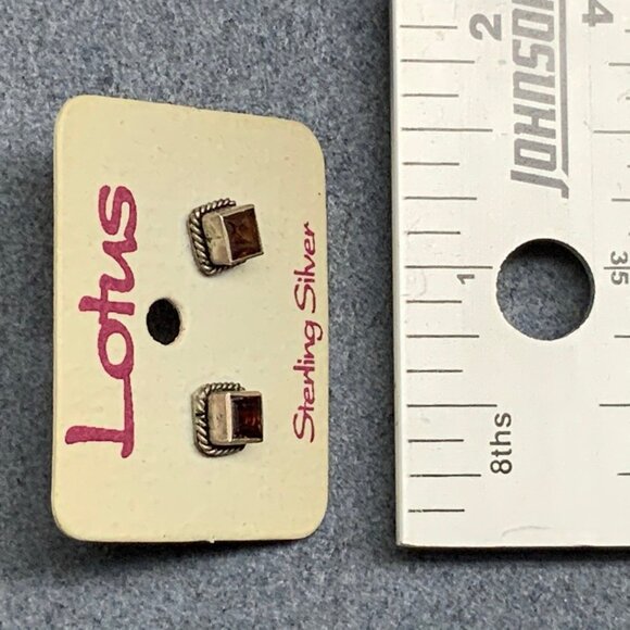 Lotus Stud Pierced Earrings Gold Sterling Silver Red Rhinestone Square Rope BoHo - Picture 4 of 4